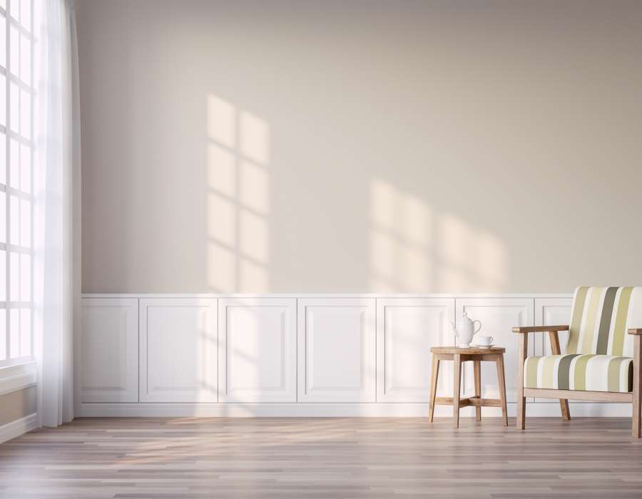 Modern vintage living room with light brown wall 3d render Modern vintage living room with light brown wall 3d render.The Rooms have wooden floors and light brown walls.Furnished with fabric and wood furniture. There are white window overlooking to outside.