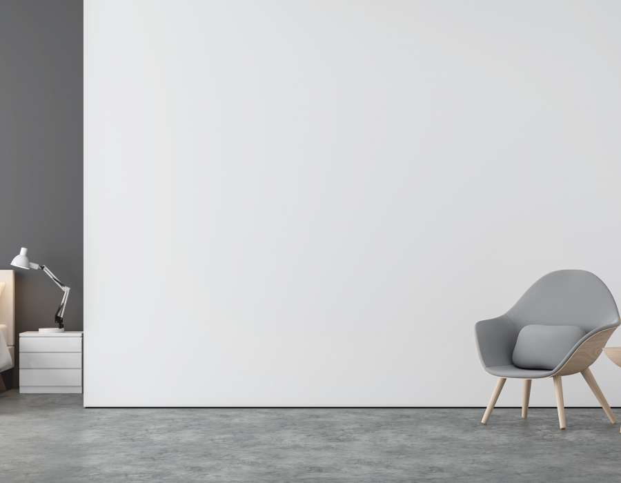 Minimal style living room and bedroom 3d rendering image Minimal style living room and bedroom 3d rendering image.There are concrete floor,white and gray wall.Finished with white bed and gray fabric lounge chair.