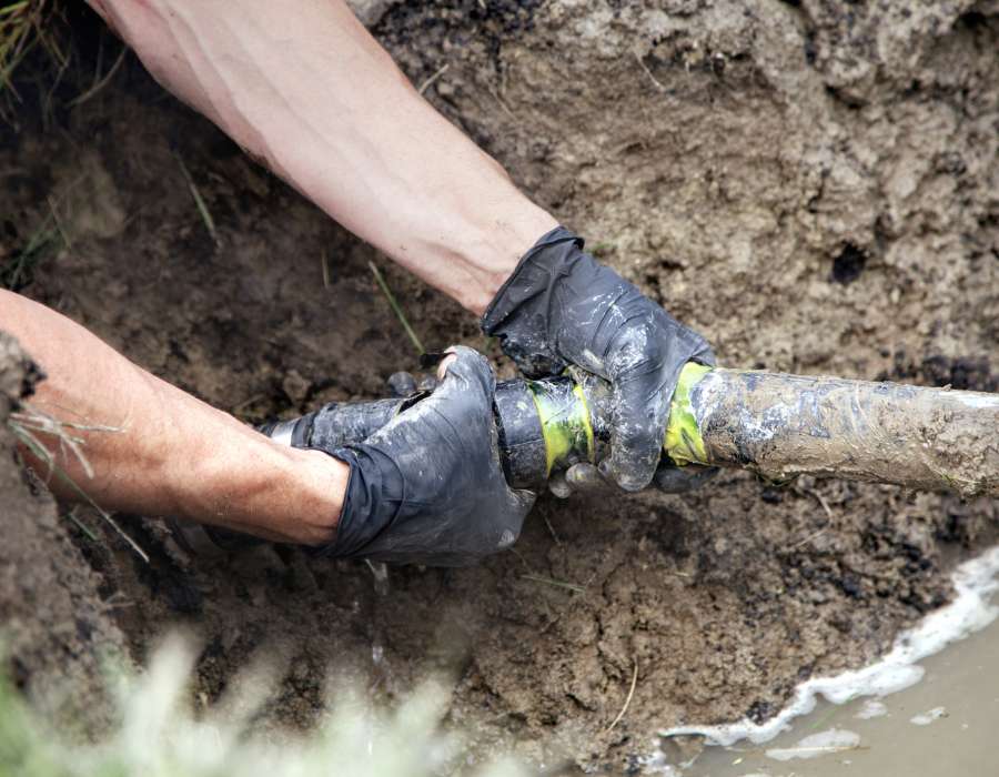 Plumber Repairing a Broken Pipe in a Septic Field